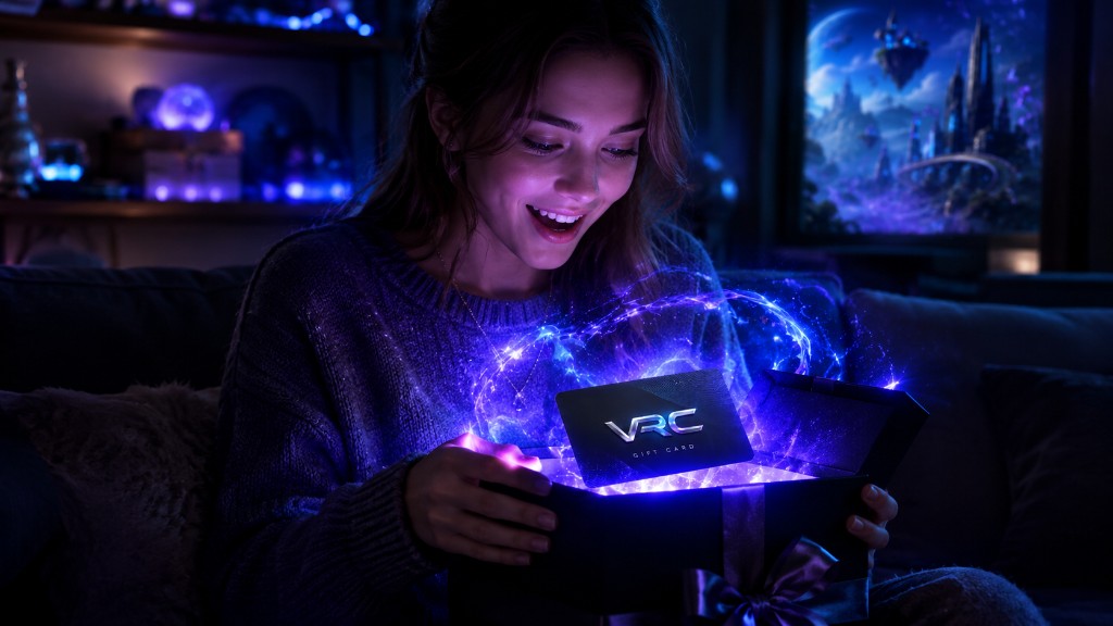 Donna sorpresa mentre apre un pacco regalo con Gift Card VRC luminosa