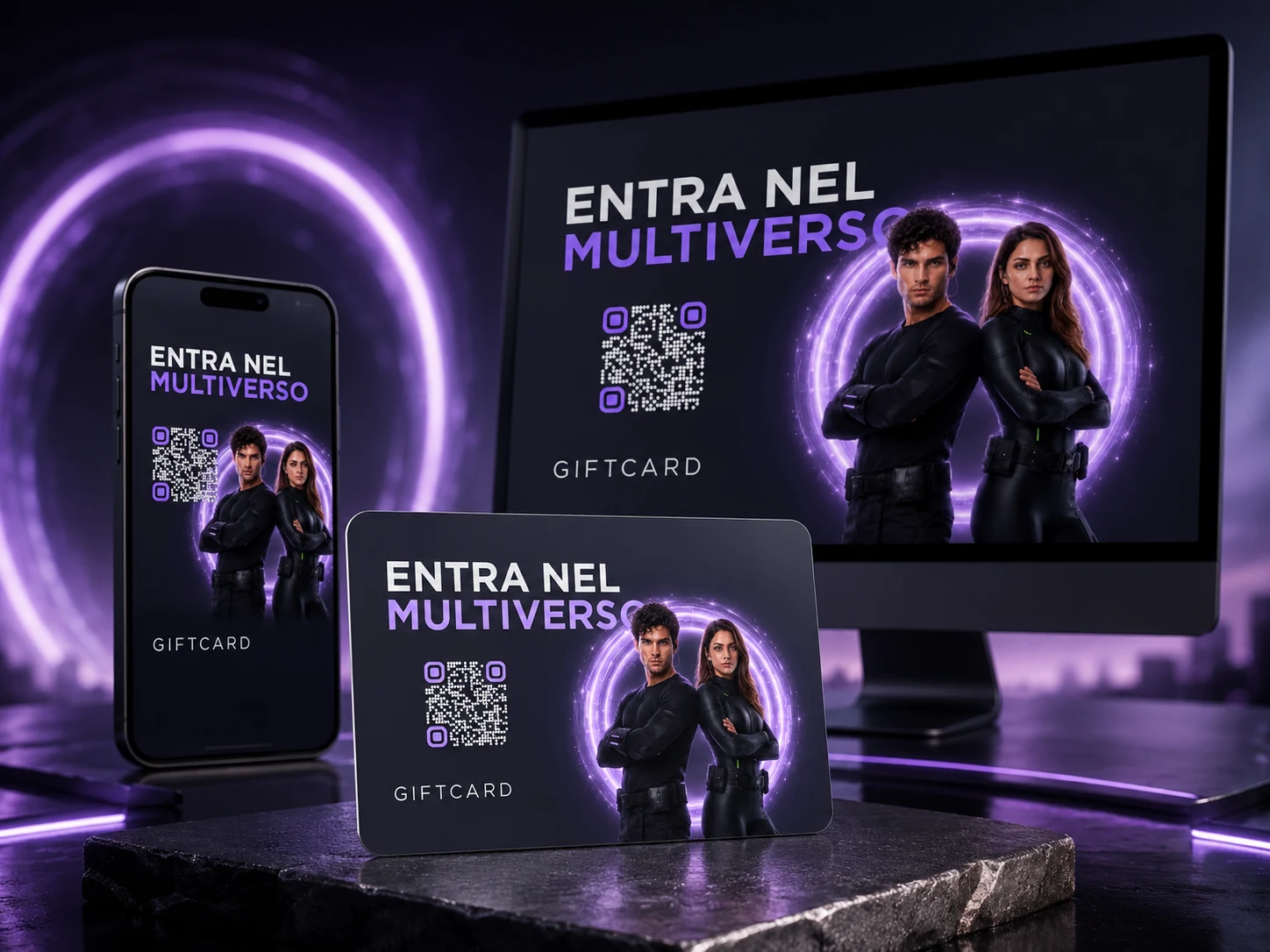 Gift Card Multiverso su smartphone, card fisica e monitor