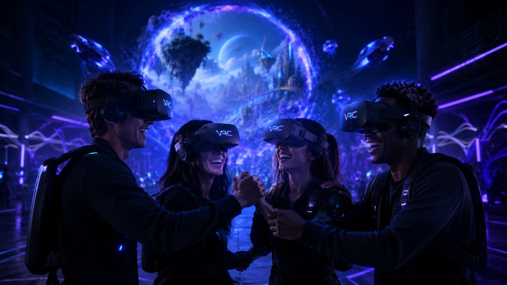 Gruppo di amici con visori VR che ride e si diverte insieme in sala VRC