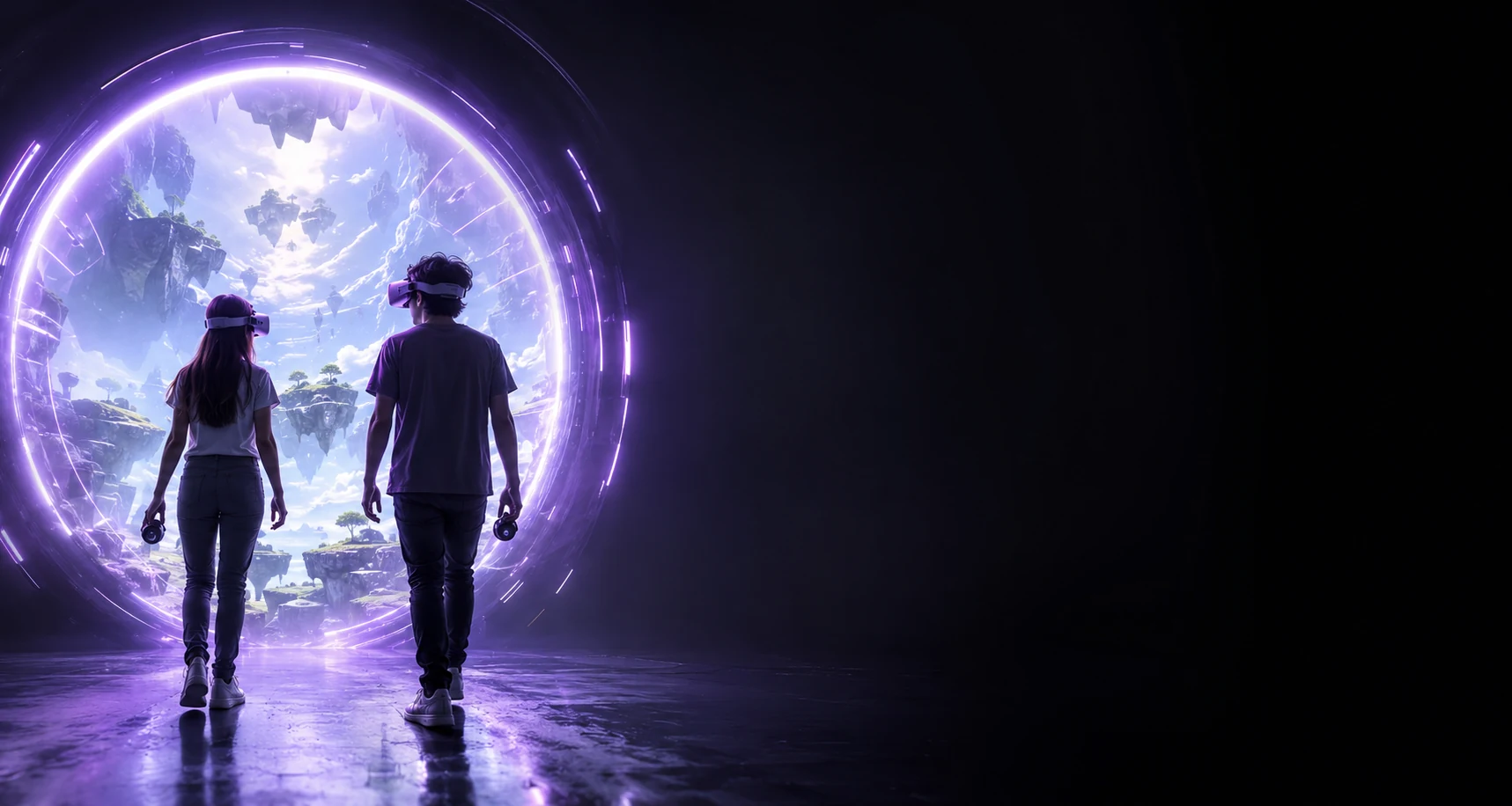 Coppia con visori VR davanti al portale del Multiverso