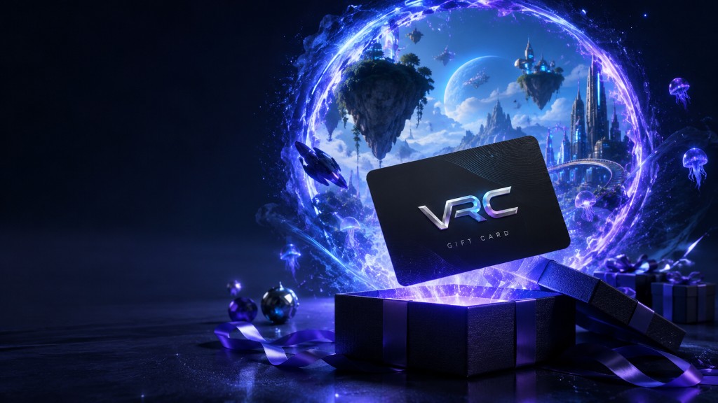 Gift Card VRC con portale luminoso, pacco regalo e candela in ambiente futuristico