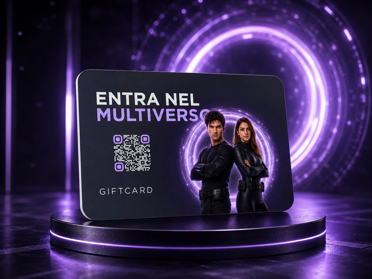 Gift Card Multiverso su podio con portale neon