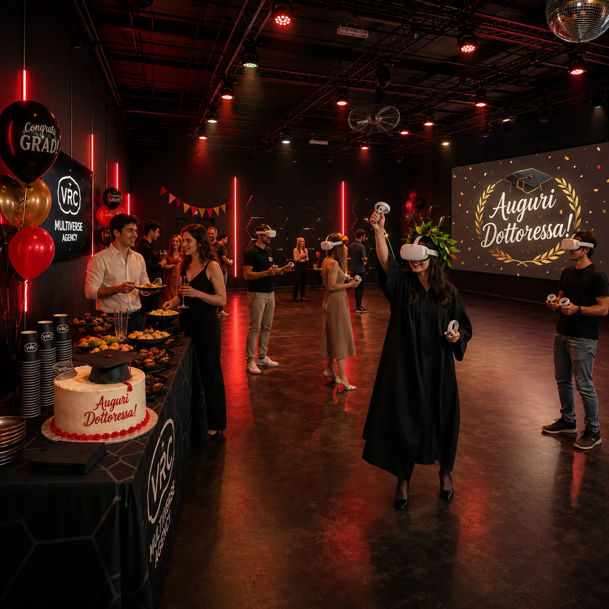 Evento privato VRC con torta, buffet e ospiti con visori VR