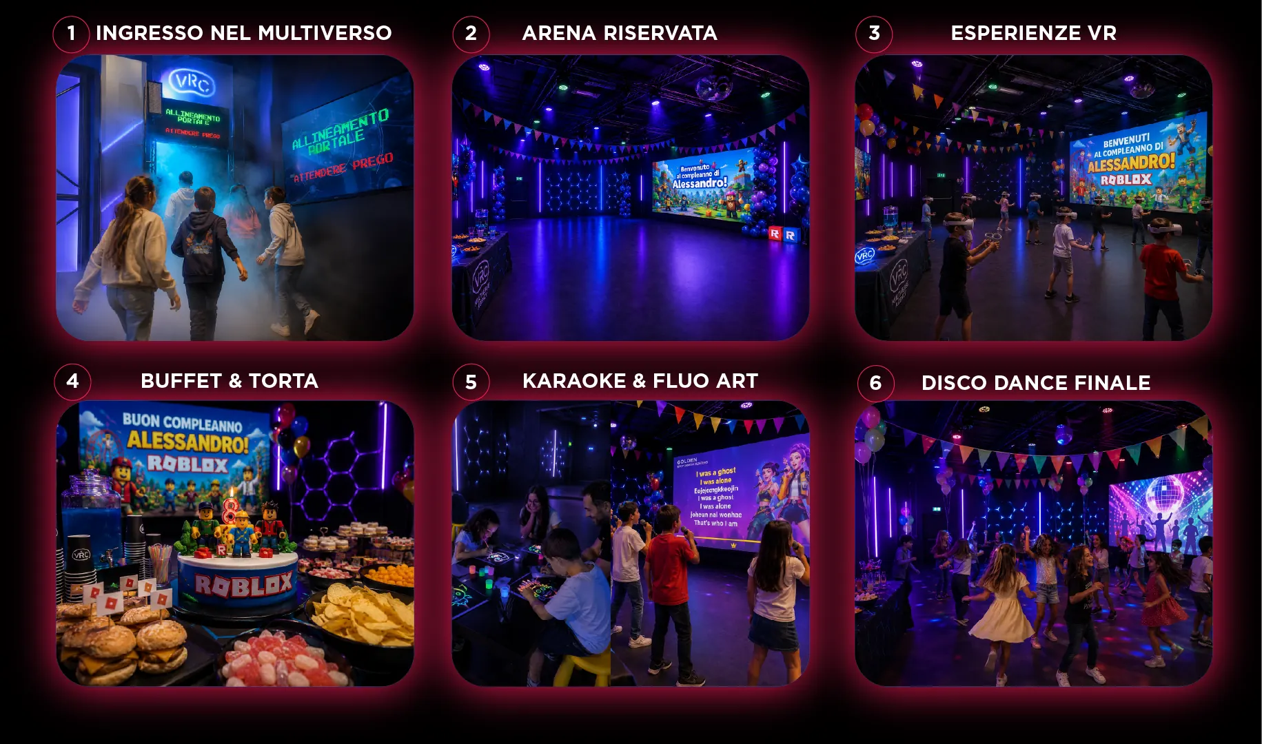 Timeline del compleanno VRC: ingresso nel multiverso, arena riservata, esperienze VR, buffet e torta, karaoke e fluo art, disco dance finale