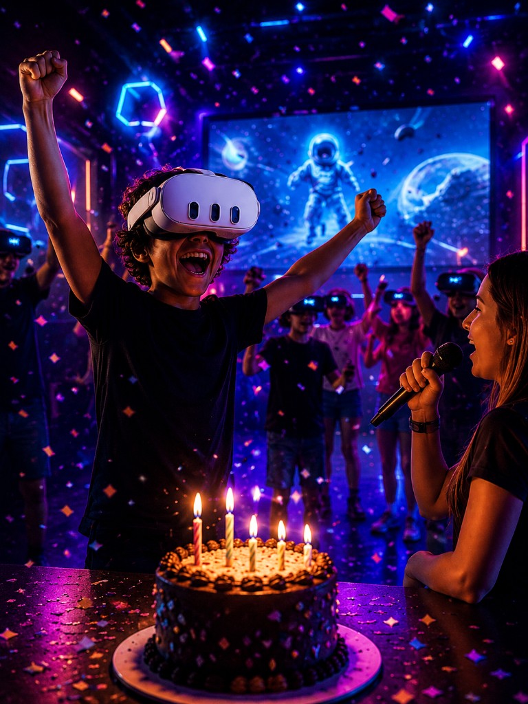 Bambini che festeggiano un compleanno in VR con torta, karaoke e luci al neon a VRC Montesilvano