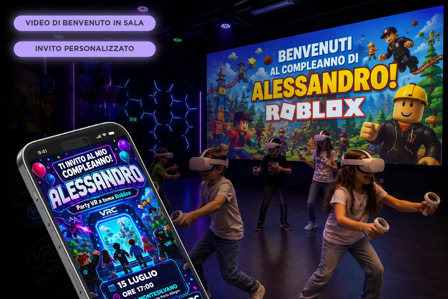 Invito digitale personalizzato e video di benvenuto in sala per un compleanno VR a tema Roblox