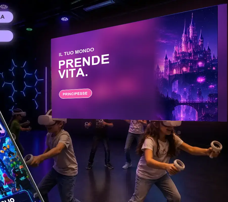 Maxi schermo della sala VRC Montesilvano personalizzato con personaggi e colori del tema principesse