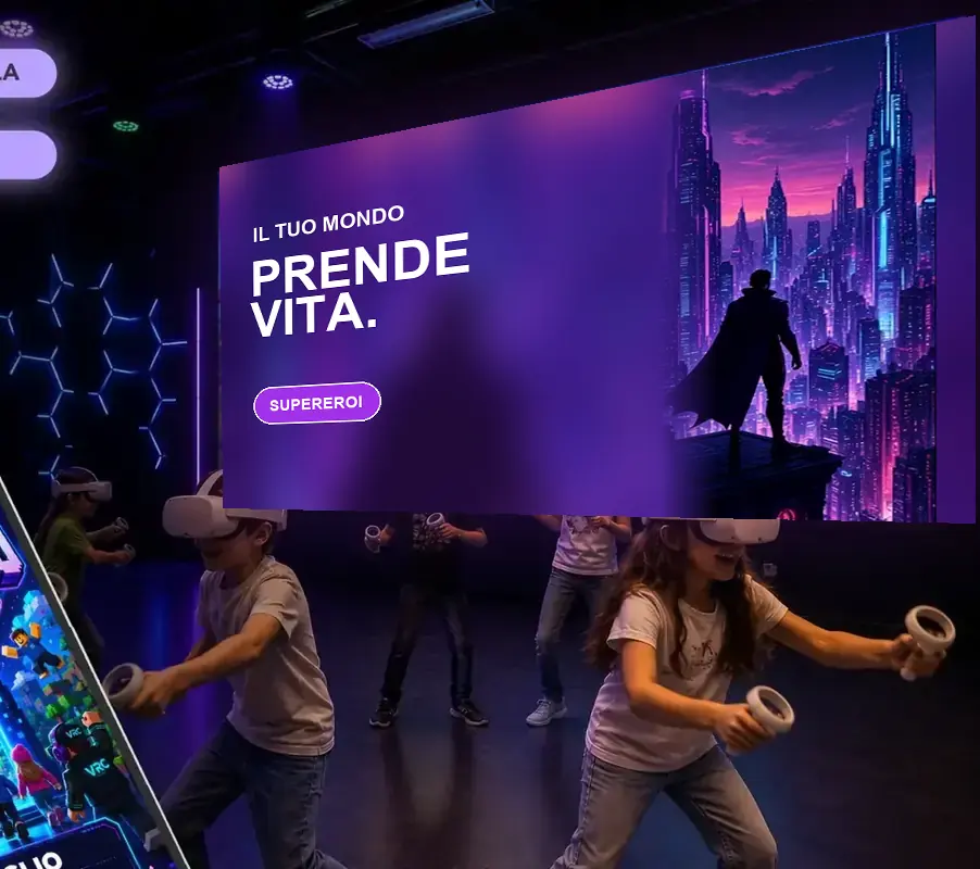Maxi schermo della sala VRC Montesilvano personalizzato con personaggi e colori del tema supereroi