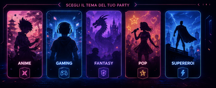 Scegli il tema del tuo party: Anime, Gaming, Fantasy, Pop e Supereroi
