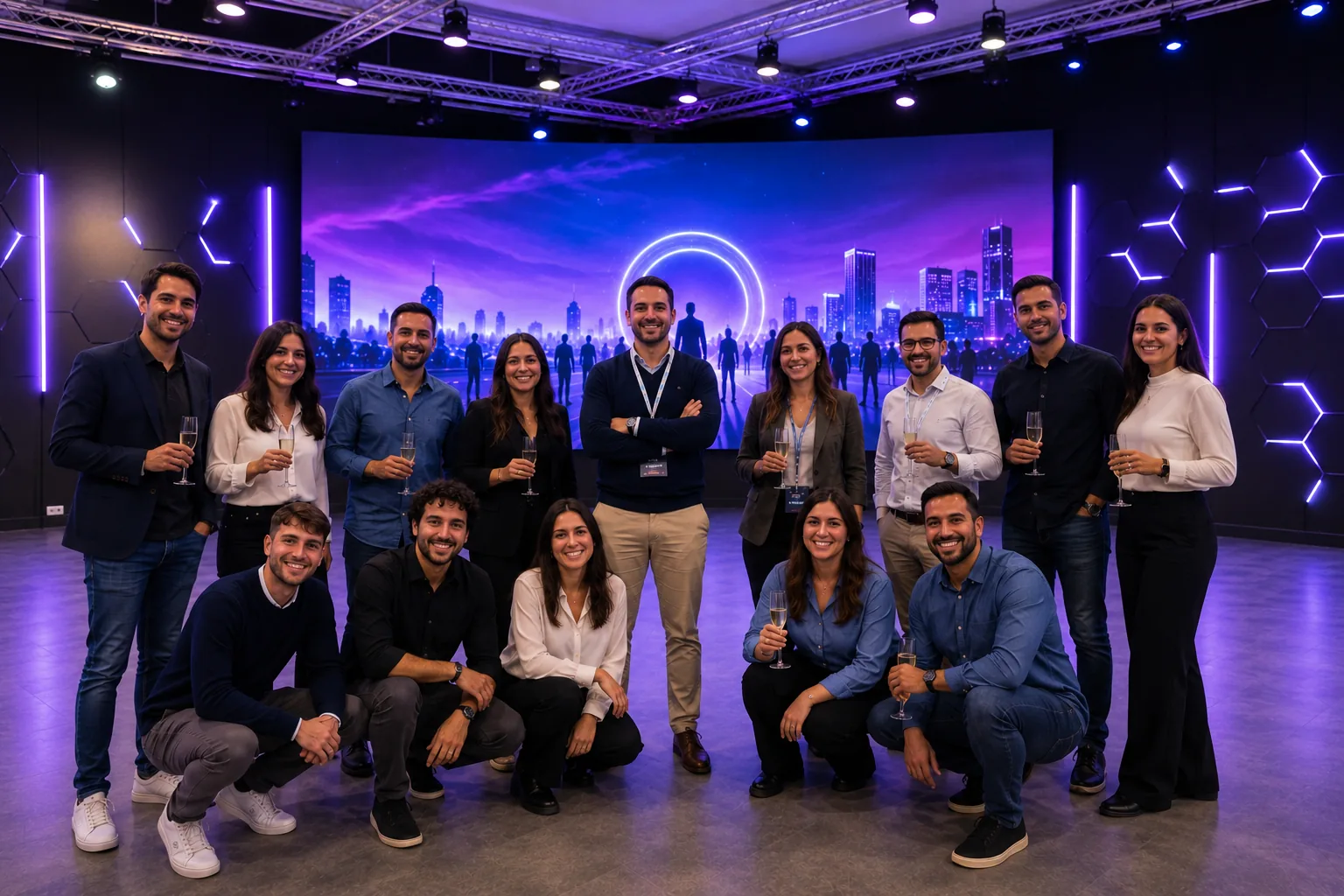 Team aziendale in posa nella sala VRC Multiverse Agency