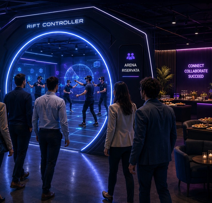 Team aziendale che attraversa il portale Rift Controller verso l'arena VR riservata VRC