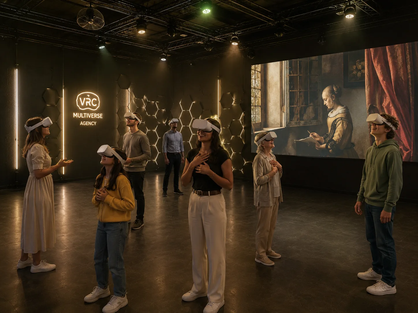 Gruppo con visori VR nella sala Multiverse Agency