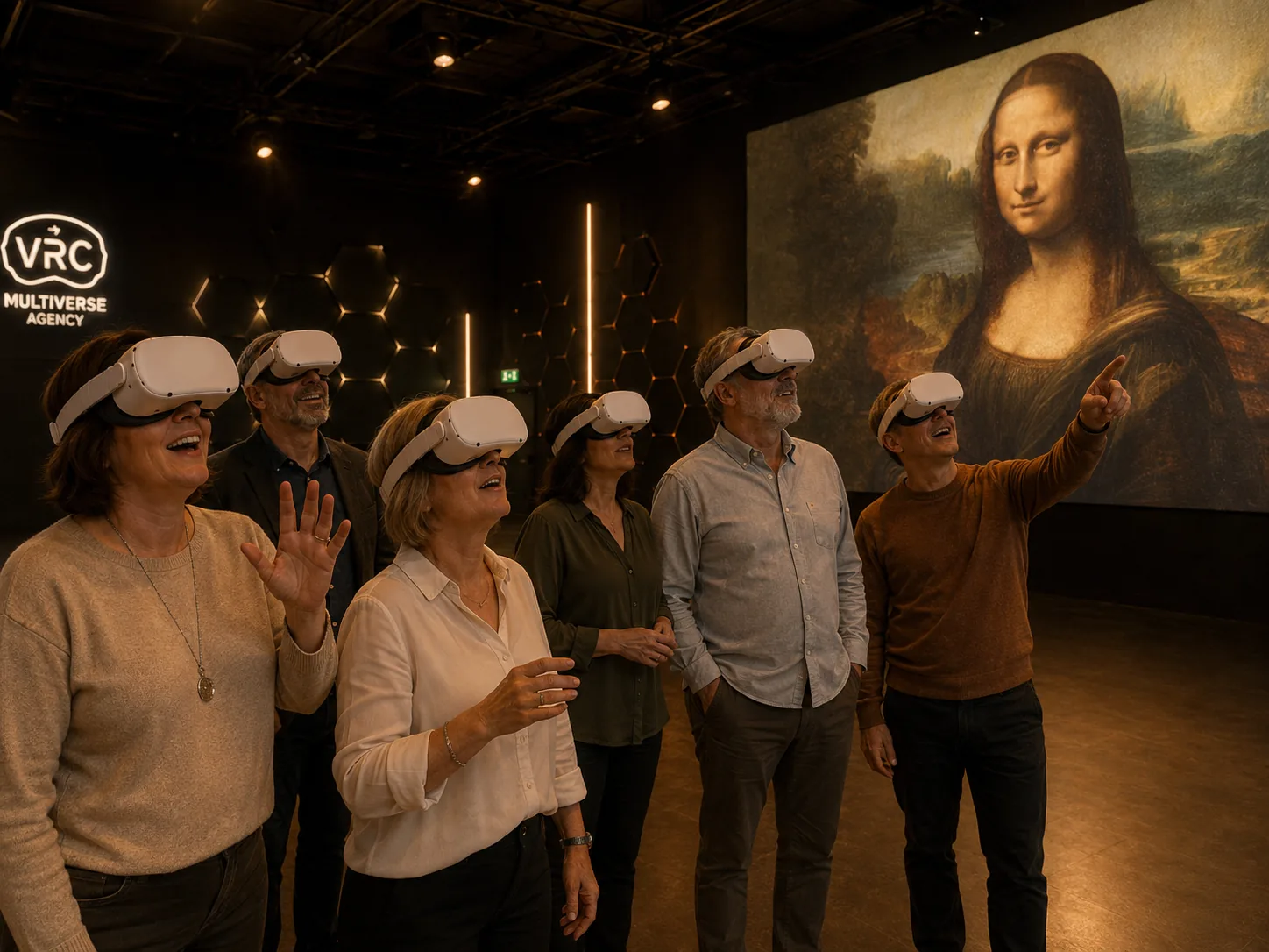 Gruppo con visori VR davanti alla Gioconda