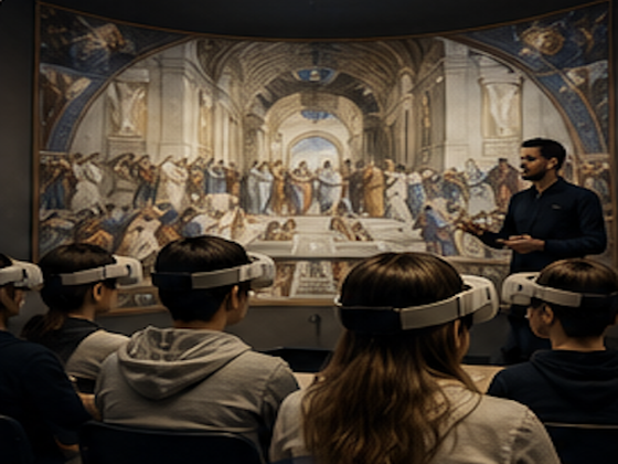 Studenti con visori VR davanti a La Scuola di Atene