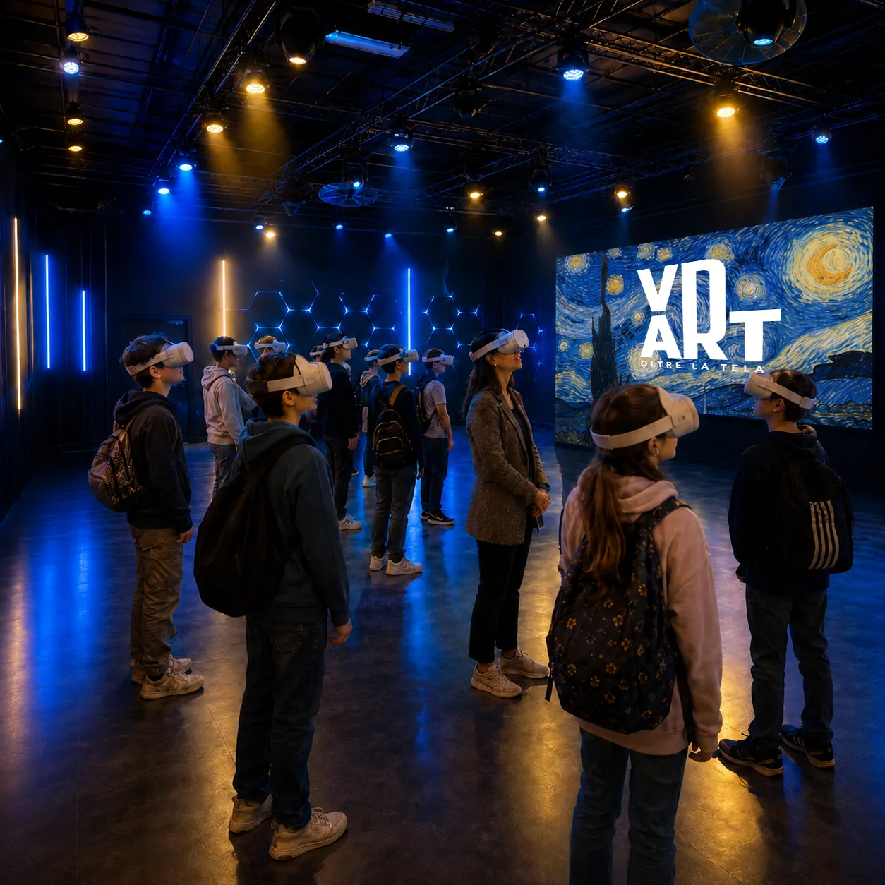 Studenti con visori VR in sala vArt davanti a Notte stellata