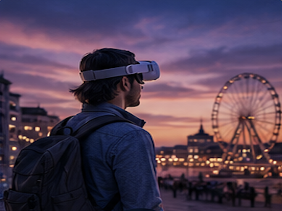 Turista con visore VR sul lungomare di Montesilvano al tramonto