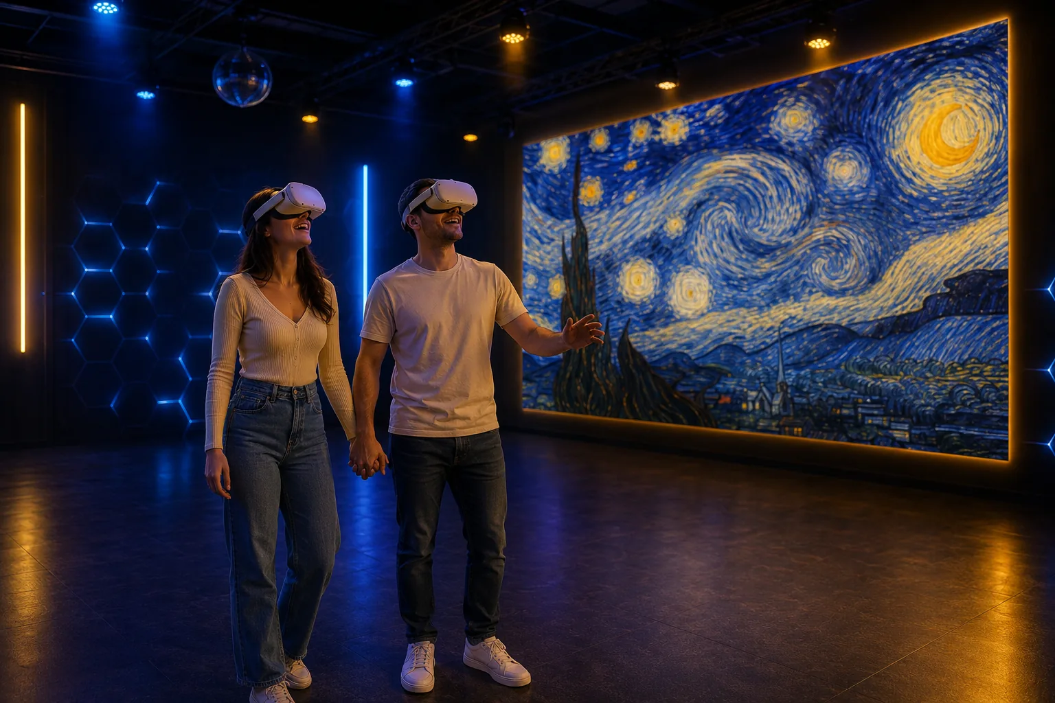 Coppia con visori VR davanti a Notte stellata