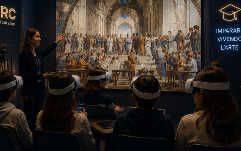 Classe con visori VR davanti a La Scuola di Atene