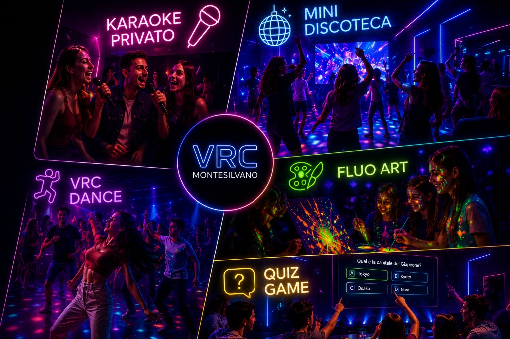Collage delle attività VRC More Fun: Karaoke Privato, Mini Discoteca, VRC Dance, Fluo Art e Quiz Game con logo VRC Montesilvano al centro