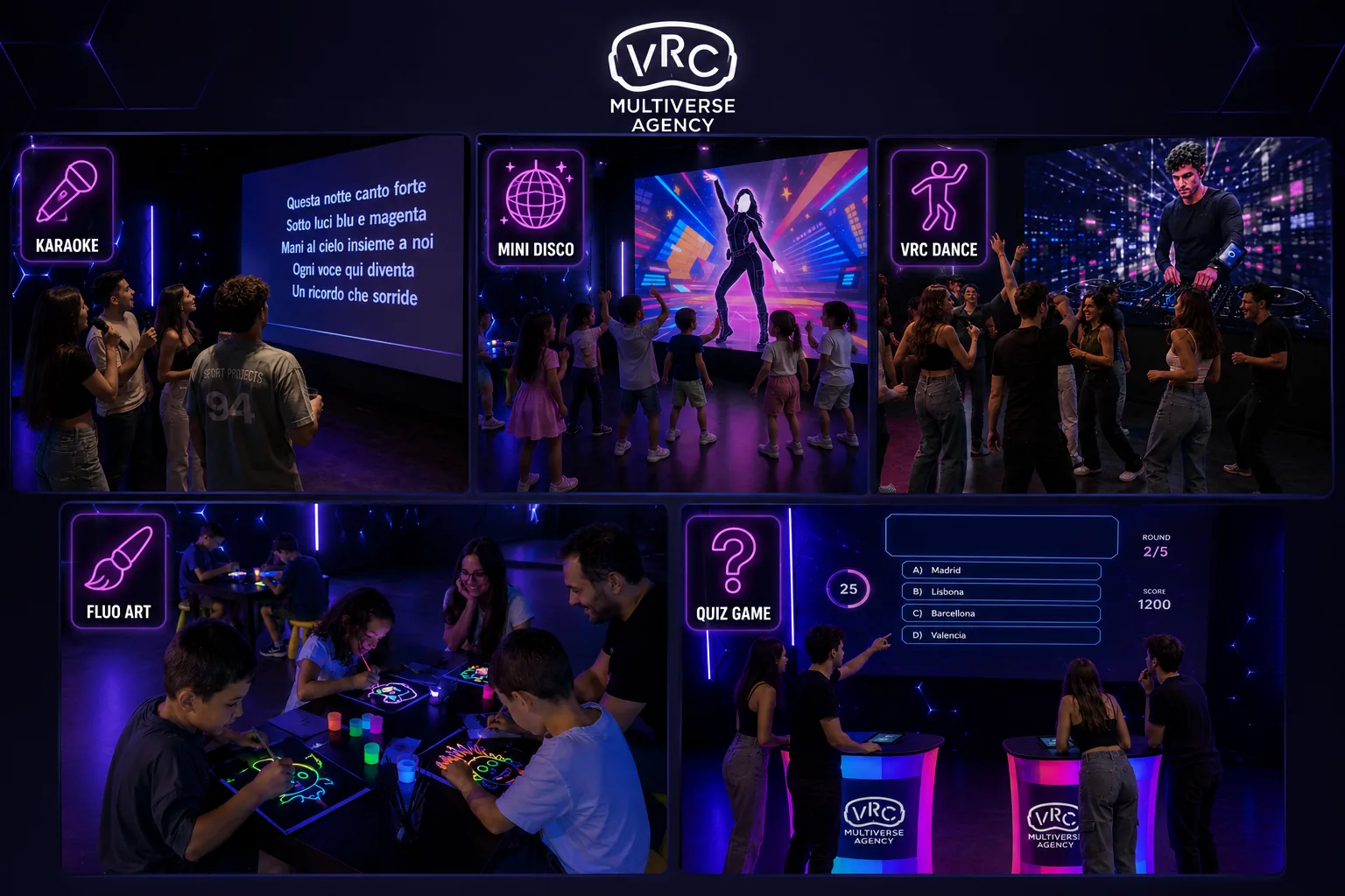 Collage attività VRC More Fun: karaoke, mini disco, dance, fluo art e quiz