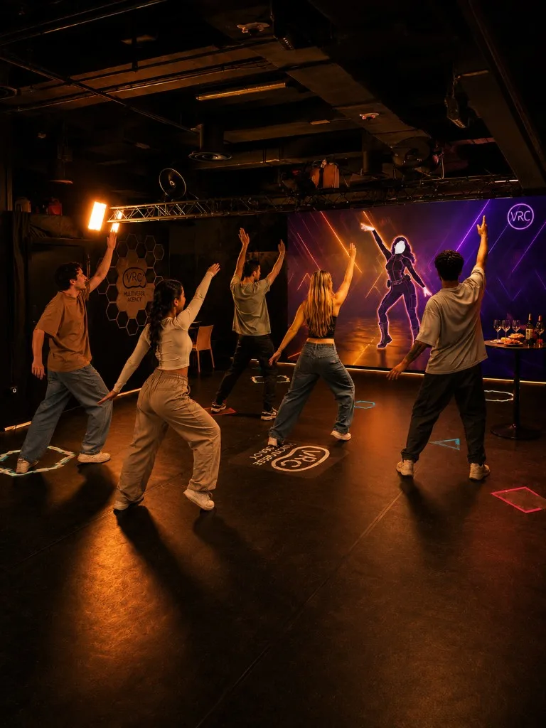 Gruppo di amici che balla seguendo la coreografia sul maxi schermo VRC Dance