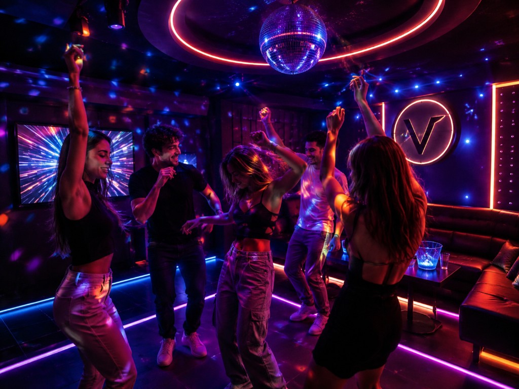 Gruppo di ragazzi che balla nella mini discoteca privata VRC Montesilvano con luci al neon