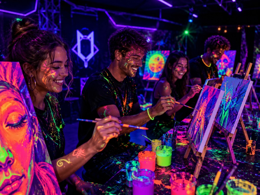 Gruppo di ragazzi che dipinge con colori fluorescenti durante Fluo Art VRC Montesilvano