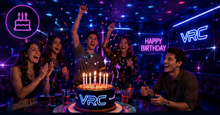 Gruppo di ragazzi che festeggia un compleanno VRC con torta e insegna Happy Birthday