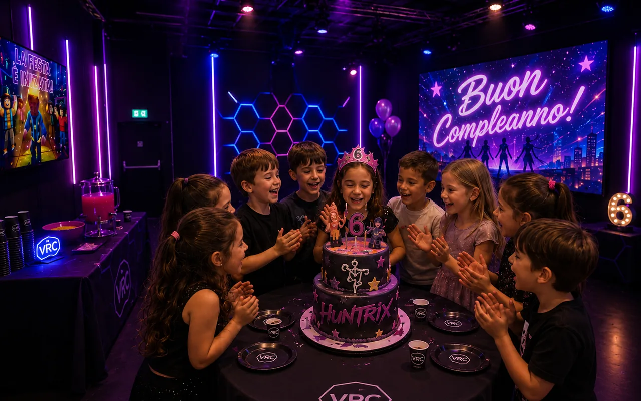 Compleanno bambini VRC con torta e Buon Compleanno sullo schermo