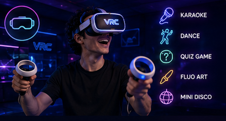 Giovane con visore VR e menu attività More Fun: karaoke, dance, quiz, fluo art e mini disco
