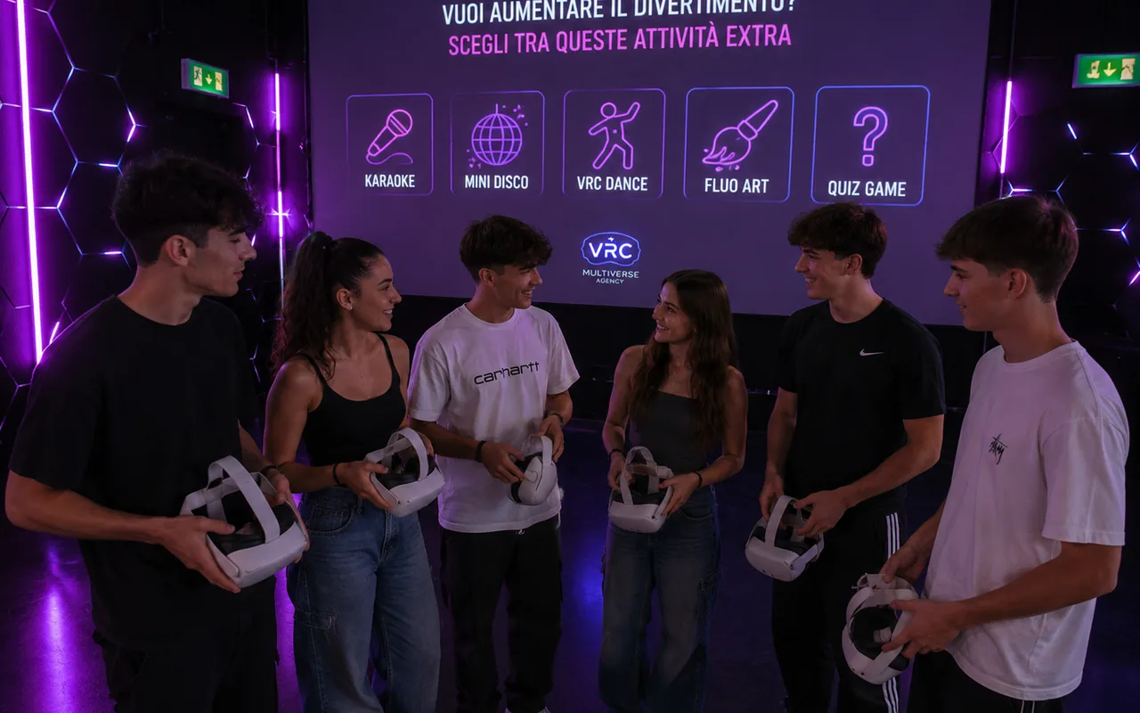 Amici con visori VR davanti alle attività extra More Fun