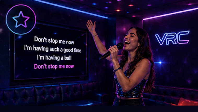 Donna che canta al karaoke privato con lyrics sullo schermo