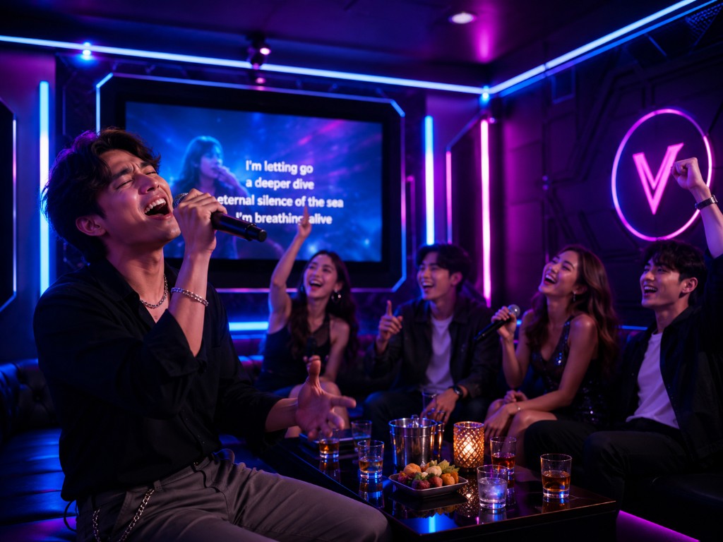 Gruppo di amici che canta al karaoke privato VRC Montesilvano con luci al neon