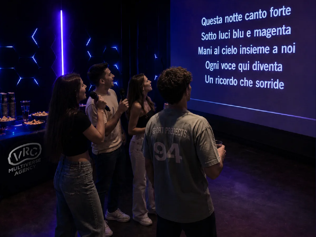 Amici al karaoke VRC con lyrics sullo schermo