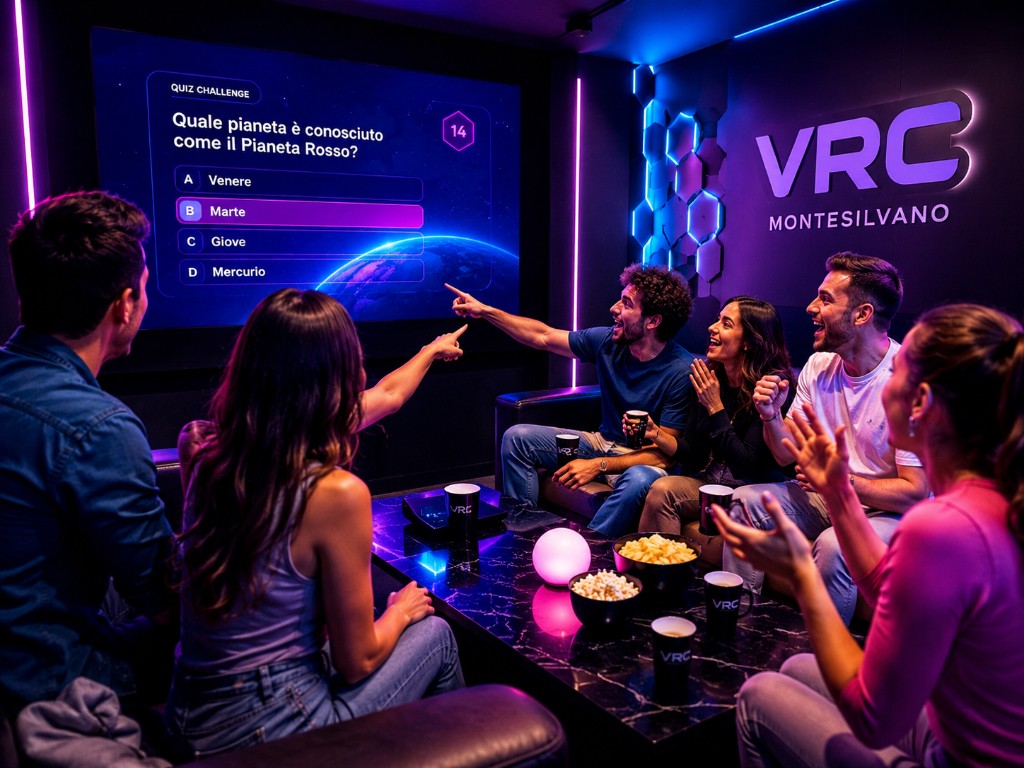 Gruppo di amici che gioca al Quiz Game VRC davanti allo schermo con classifica e domande