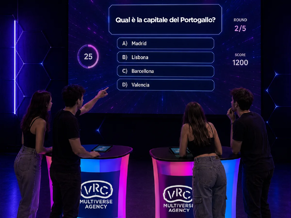 Squadre al Quiz Game VRC con podi e domanda sullo schermo